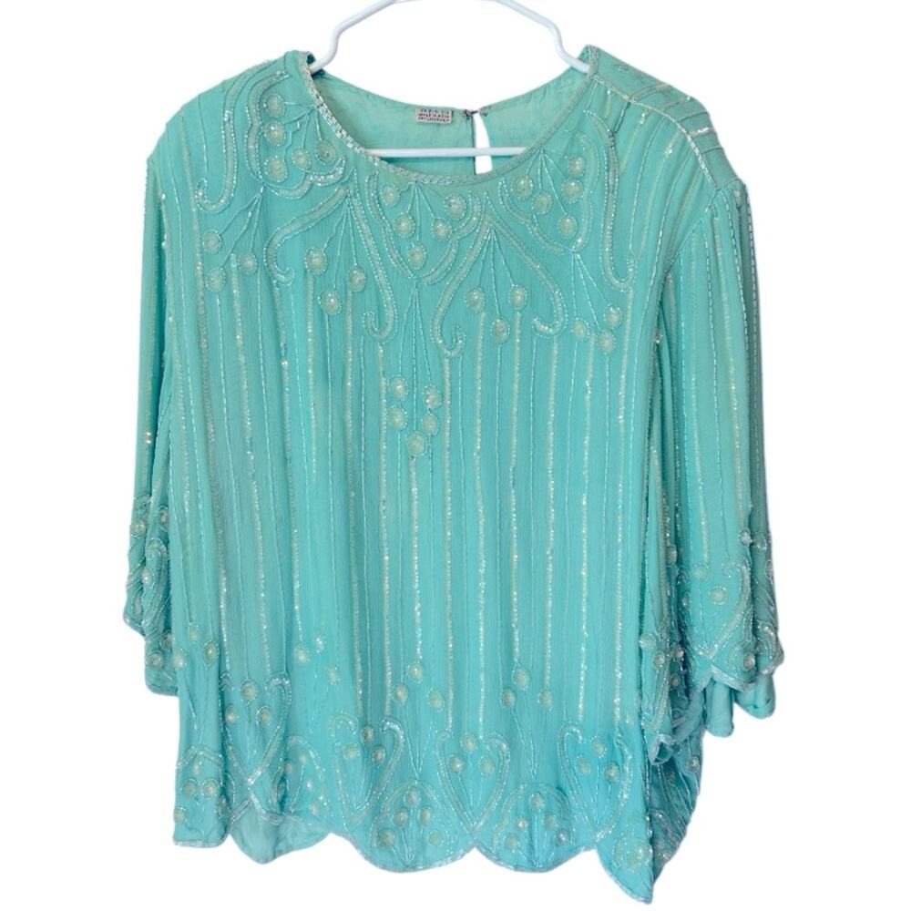 Vintage 80’s India Silk Seafoam blue sequined and beaded embellished blouse. 2X